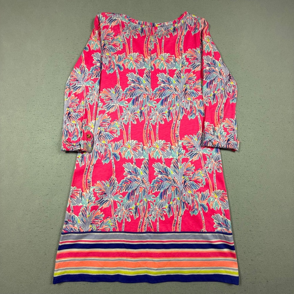 Lilly Pulitzer Linden Dress Flamingo Pink Nice Stems Palm Tree Pima Cotton S - Picture 3 of 8
